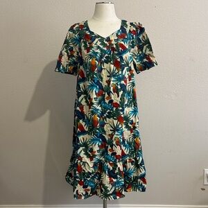 HookanoHawaiian Tropical Macaw Print Short Sleeve Vintage Dress Vacation Beach